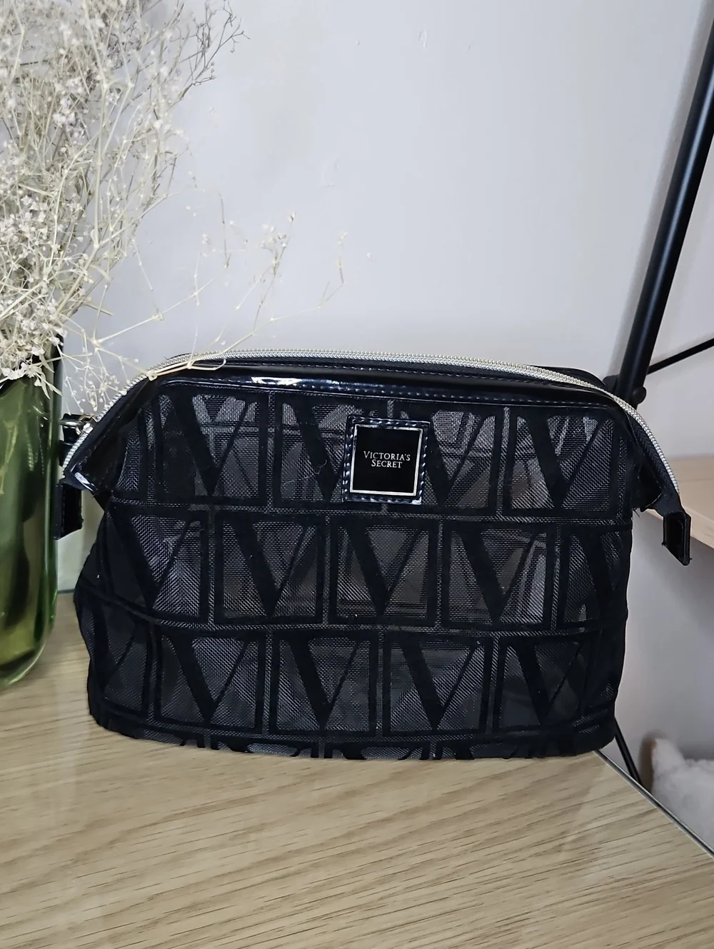 Victoria's Secret Black Mesh Cosmetic Case with Logo Plaque